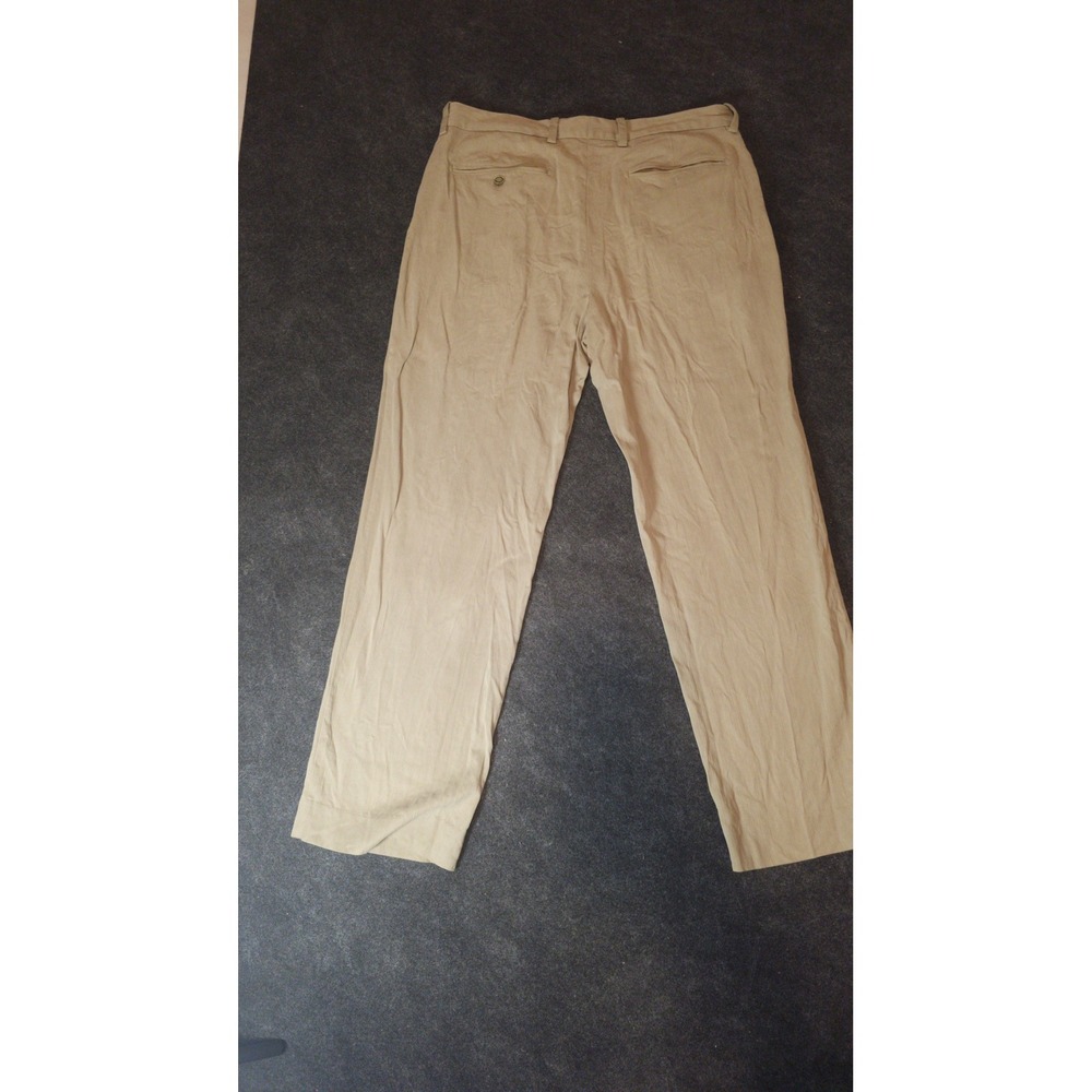 Mens Khaki Pleated Chino Pants Straight Leg Tan Business Casual Trousers 34/30